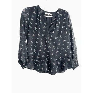 LOFT Women Size S Black Floral Ruffled Lined Long Sleeve Blouse Top Pre-owned